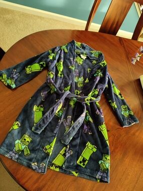 Kids Navy Blue and Green Plush Robe with Creeper Print
